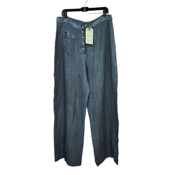 Cynthia Ashby Women's 100% Linen Stripe Button Fly Relaxed Straight Pant - L - Picture 1 of 8